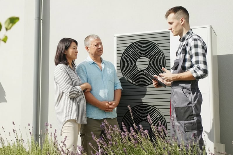 Homeowners meeting with an HVAC contractor beside a new energy-efficient HVAC system for new home construction in Bend, OR.